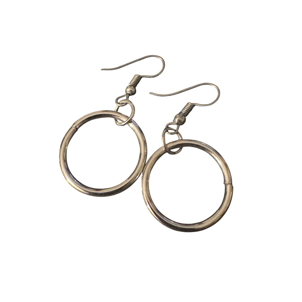 Silver Tone Round Hoop Drop Dangle Earrings Minimalist Fishhook High Polish
